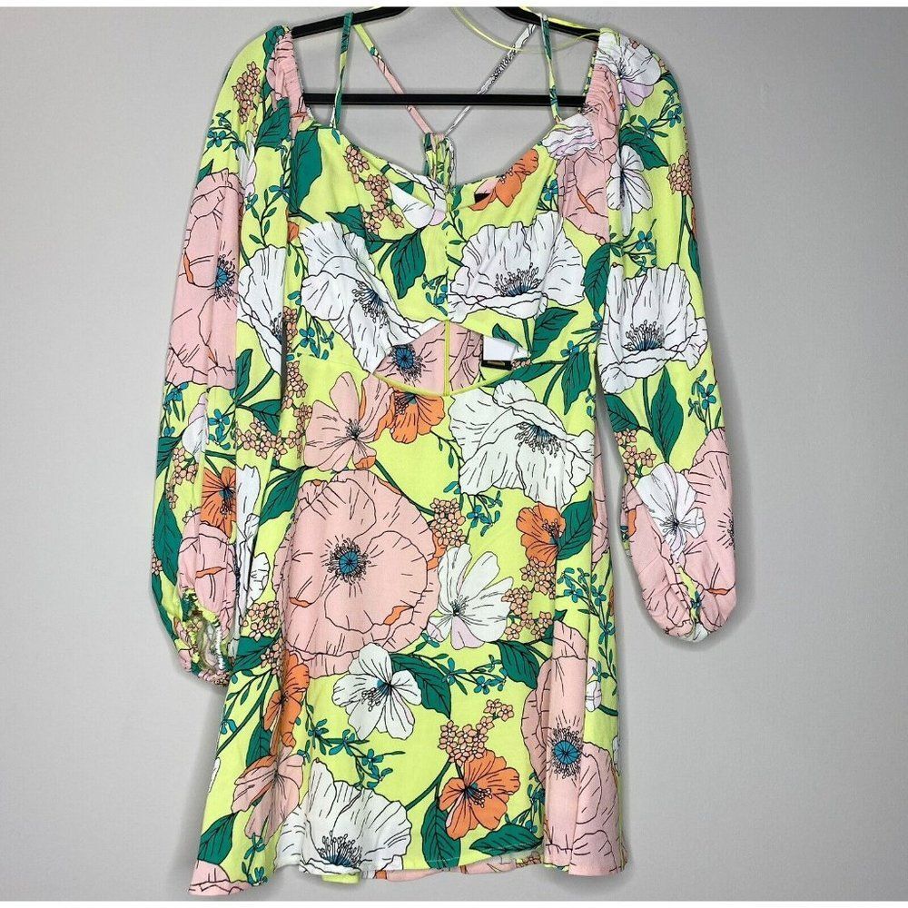 Revolve X AFRM Spring Lime Bouquet Floral Dolly Off The Shoulder Mini Dress | M
